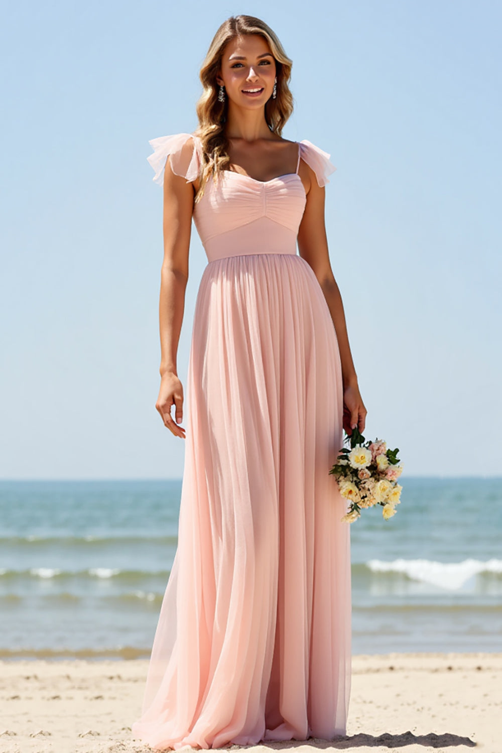 Blush Sweetheart A Line Long Bridesmaid Dress with Cap Sleeves
