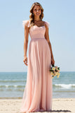 Blush Sweetheart A Line Long Bridesmaid Dress with Cap Sleeves