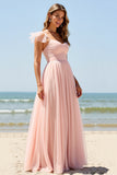 Blush Sweetheart A Line Long Bridesmaid Dress with Cap Sleeves