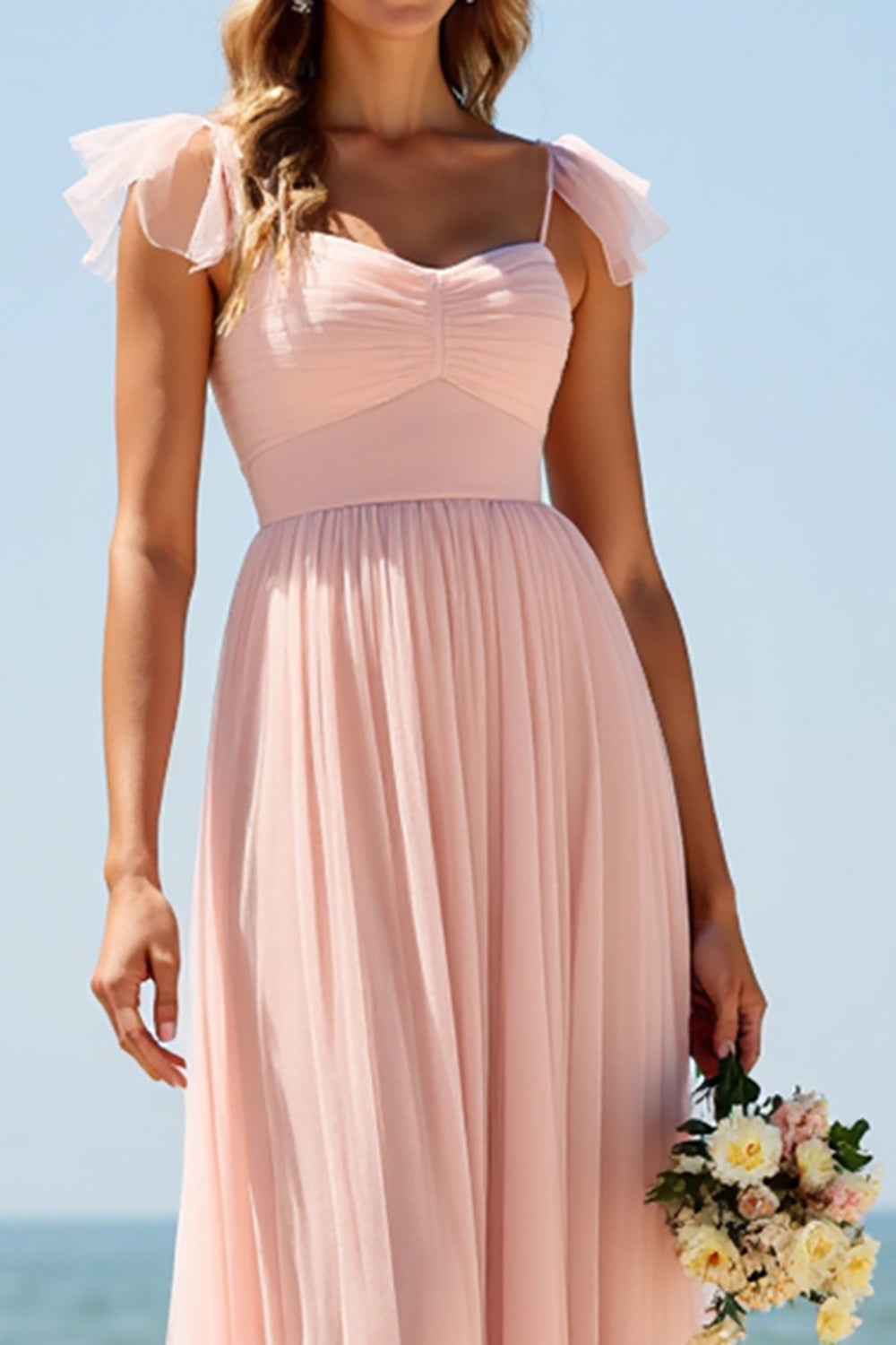 Blush Sweetheart A Line Long Bridesmaid Dress with Cap Sleeves