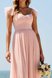 Blush Sweetheart A Line Long Bridesmaid Dress with Cap Sleeves