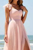 Blush Sweetheart A Line Long Bridesmaid Dress with Cap Sleeves