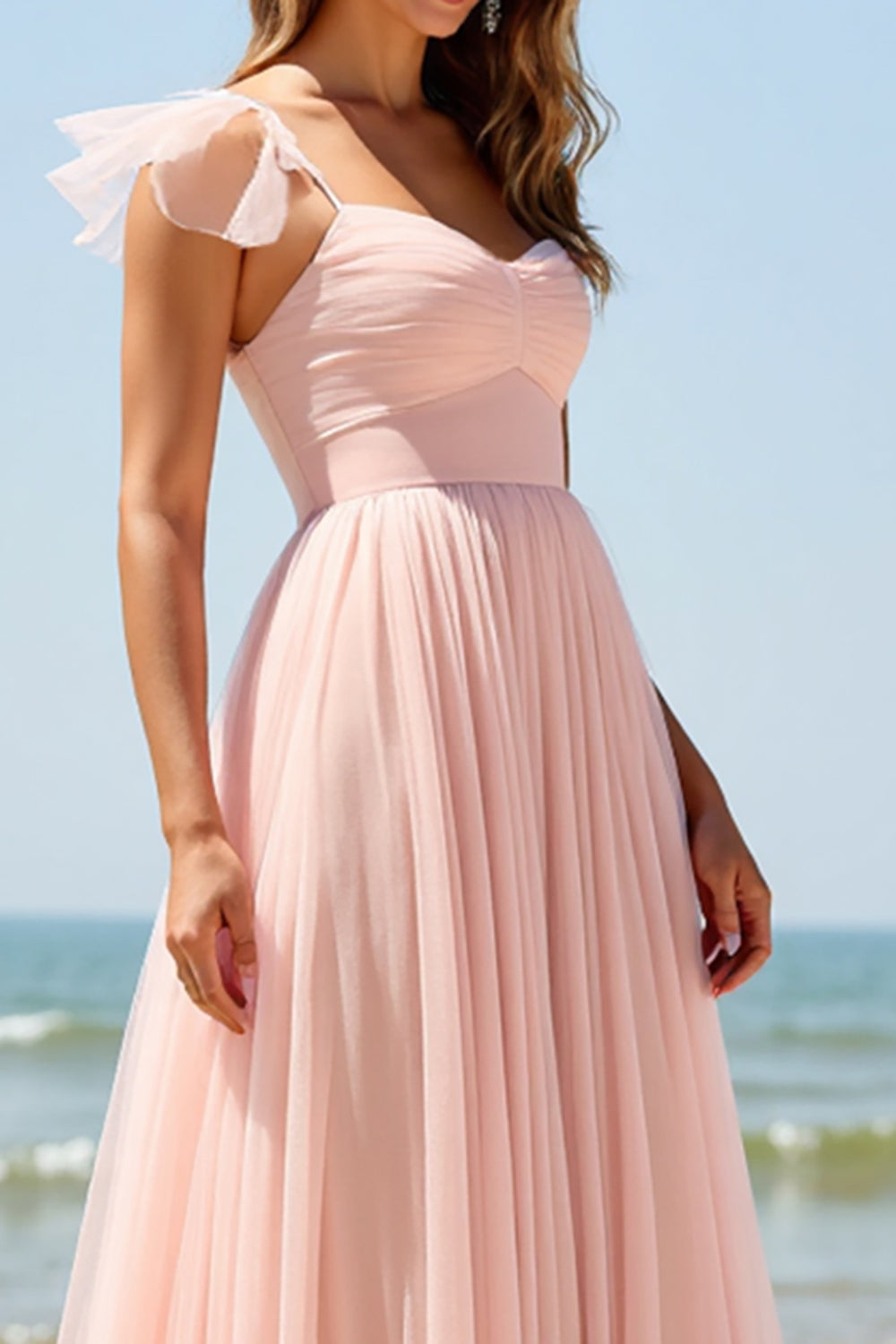 Blush Sweetheart A Line Long Bridesmaid Dress with Cap Sleeves