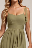 Olive Spaghetti Straps Chiffon Long Bridesmaid Dress with Slit
