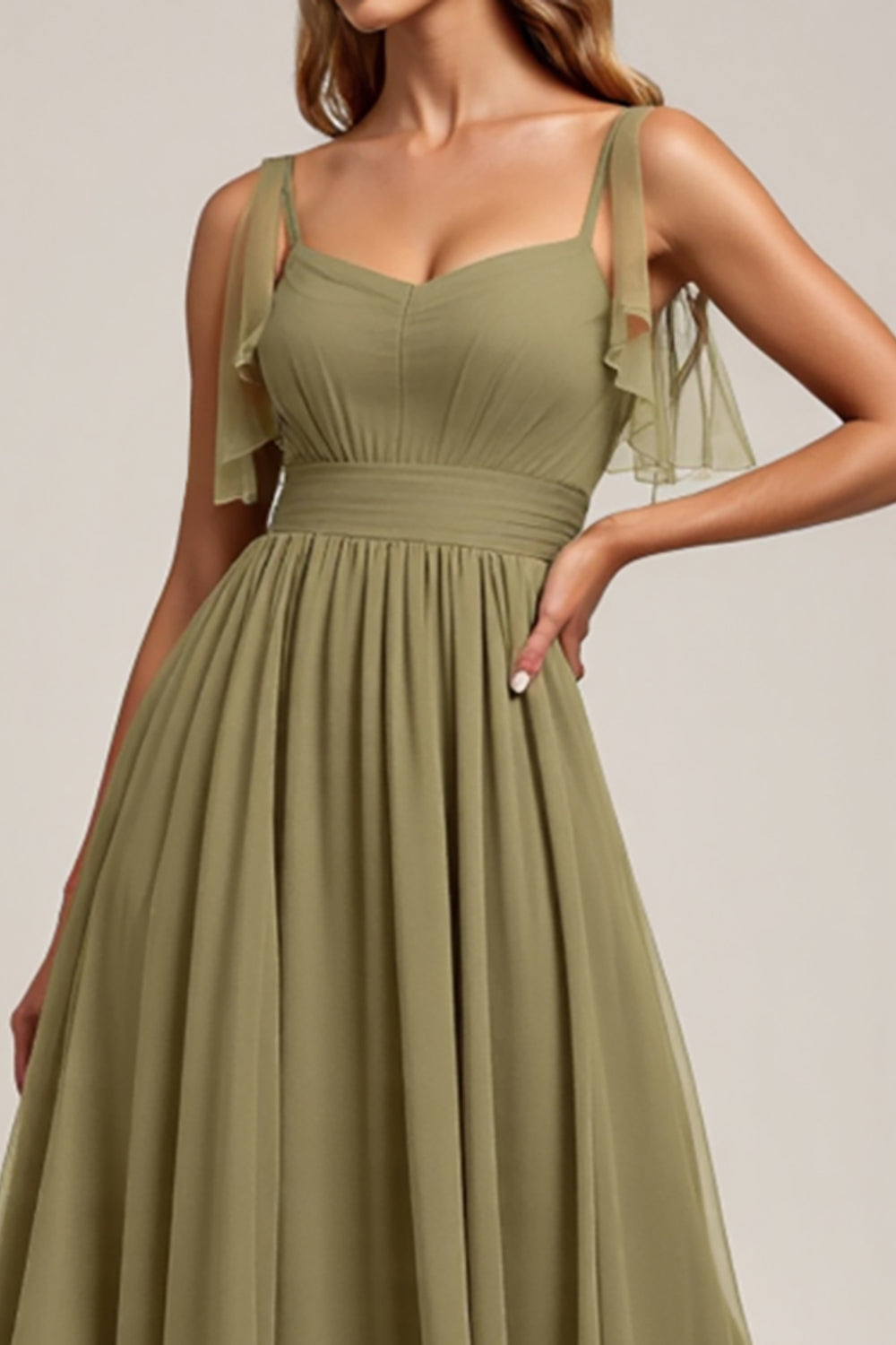 Olive Spaghetti Straps Chiffon Long Bridesmaid Dress with Slit