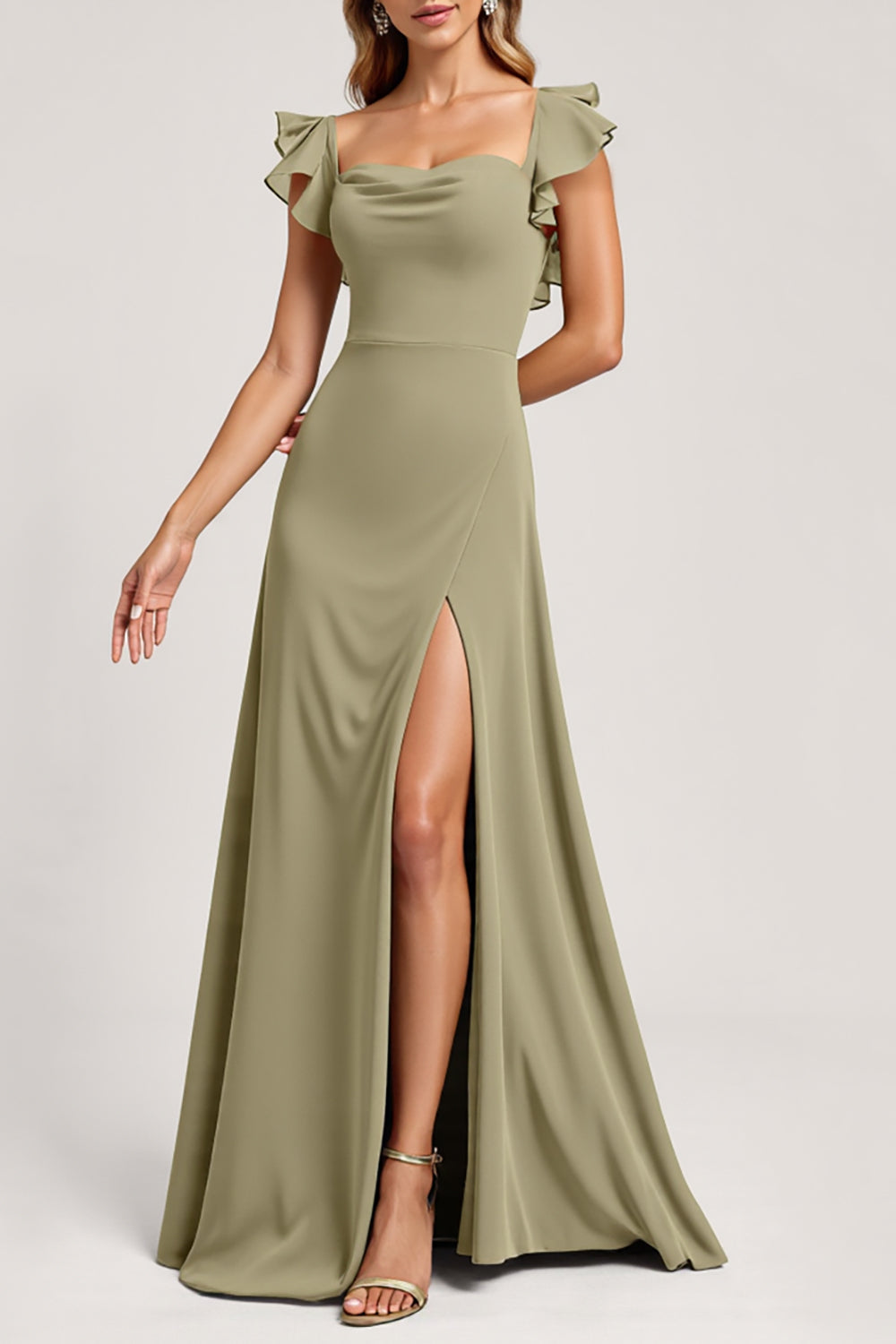 Olive Ruffled A Line Long Square Neck Bridesmaid Dress with Slit