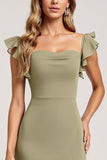 Olive Ruffled A Line Long Square Neck Bridesmaid Dress with Slit