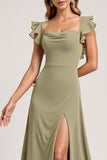 Olive Ruffled A Line Long Square Neck Bridesmaid Dress with Slit
