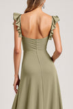 Olive Ruffled A Line Long Square Neck Bridesmaid Dress with Slit