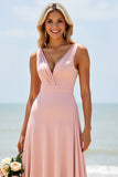 Blush Deep V-Neck Long A Line Bridesmaid Dress