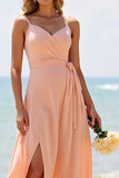 Sunset Spaghetti Straps Long Chiffon Bridesmaid Dress with Slit