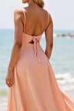 Sunset Spaghetti Straps Long Chiffon Bridesmaid Dress with Slit