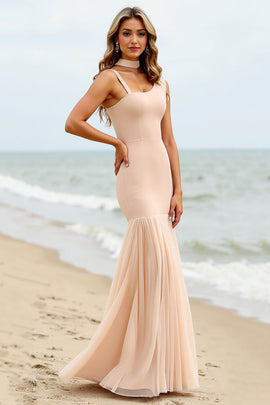 Apricot Mermaid Long Asymmetrical Bridesmaid Dress