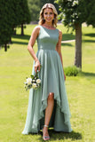Sage Green Chiffon A Line High-Low Scoop Neck Bridesmaid Dress with Ruffles