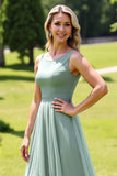 Sage Green Chiffon A Line High-Low Scoop Neck Bridesmaid Dress with Ruffles