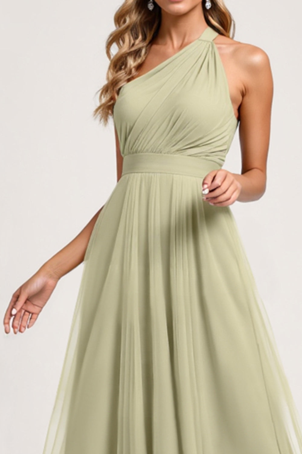 Dusty Sage A Line One Shoulder Tulle Long Bridesmaid Dress