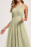 Dusty Sage A Line One Shoulder Tulle Long Bridesmaid Dress