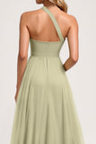Dusty Sage A Line One Shoulder Tulle Long Bridesmaid Dress
