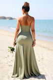 Olive Plus Size Halter Sheath Long Satin Bridesmaid Dress with Slit