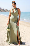 Olive Plus Size Halter Sheath Long Satin Bridesmaid Dress with Slit