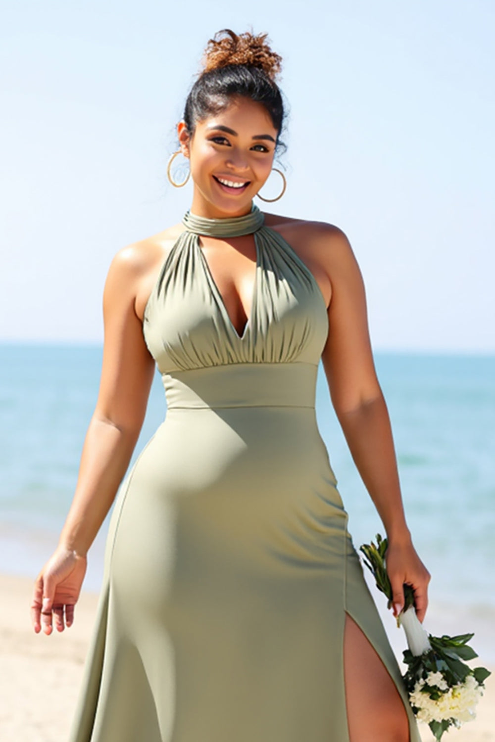 Olive Plus Size Halter Sheath Long Satin Bridesmaid Dress with Slit