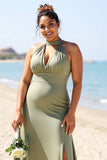 Olive Plus Size Halter Sheath Long Satin Bridesmaid Dress with Slit