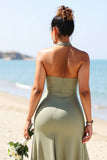 Olive Plus Size Halter Sheath Long Satin Bridesmaid Dress with Slit