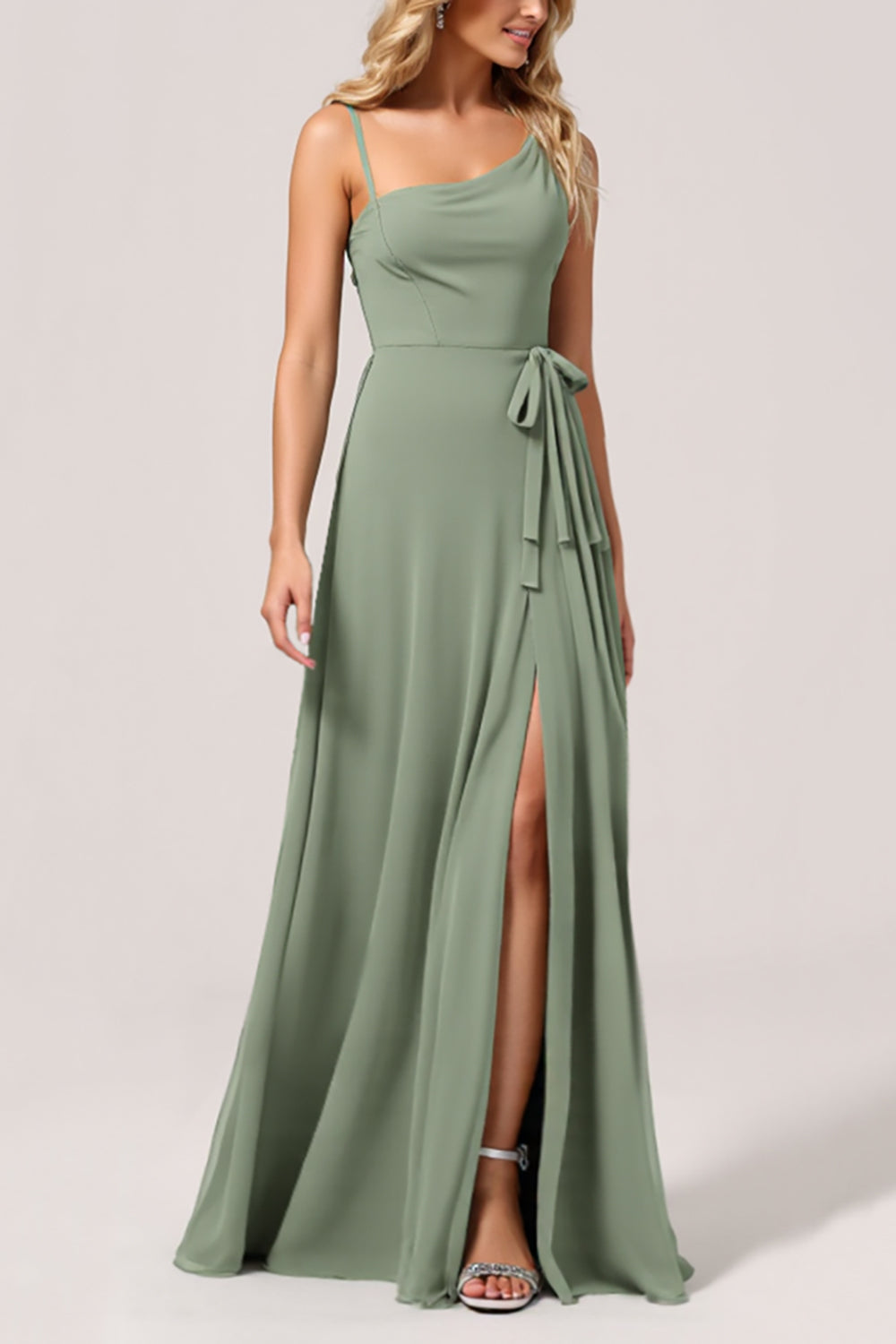 Eucalyptus Chiffon Long A Line Bridesmaid Dress with Slit