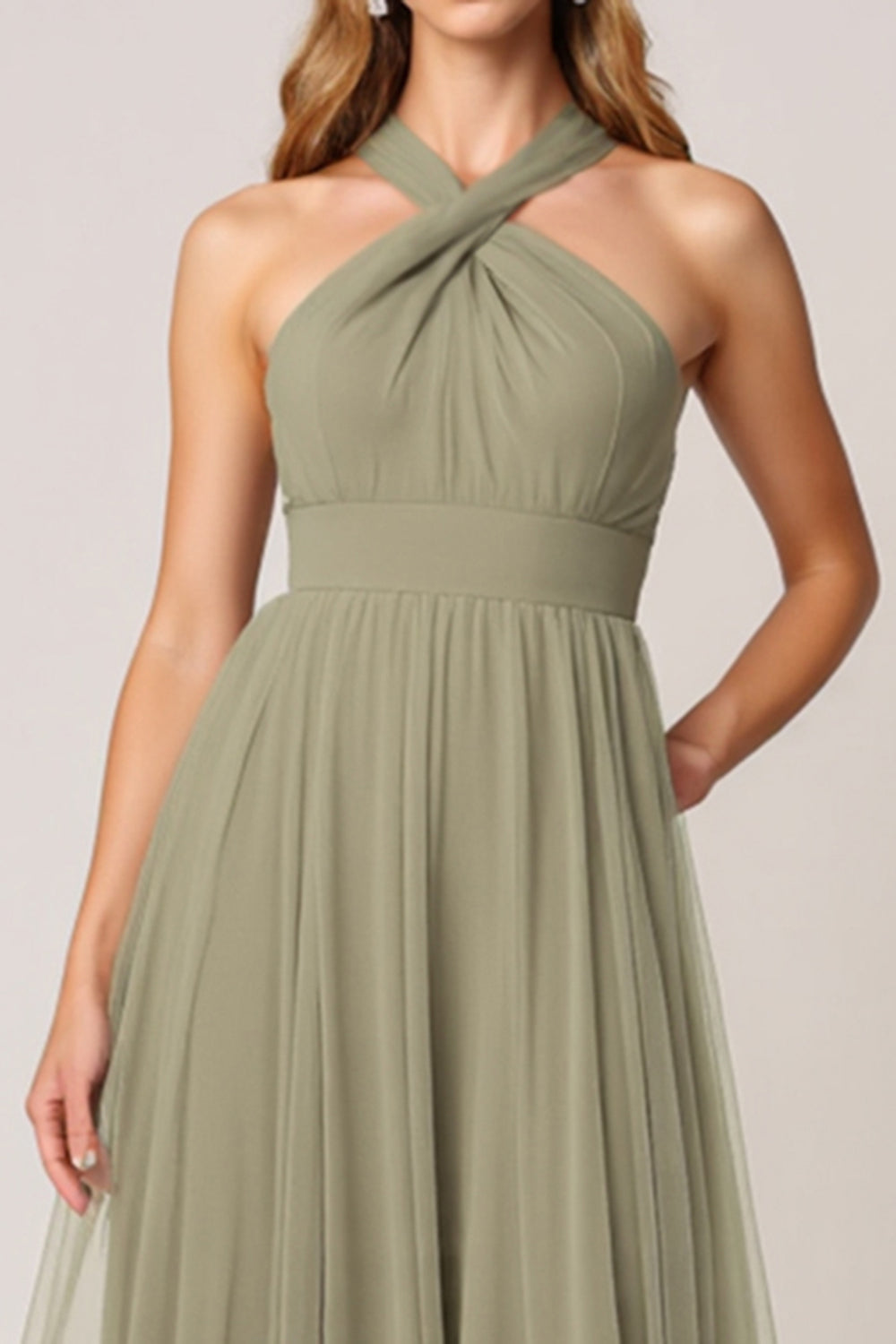 Olive Tulle Tiered Halter Long Tiered Bridesmaid Dress