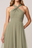 Olive Tulle Tiered Halter Long Tiered Bridesmaid Dress