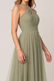Olive Tulle Tiered Halter Long Tiered Bridesmaid Dress