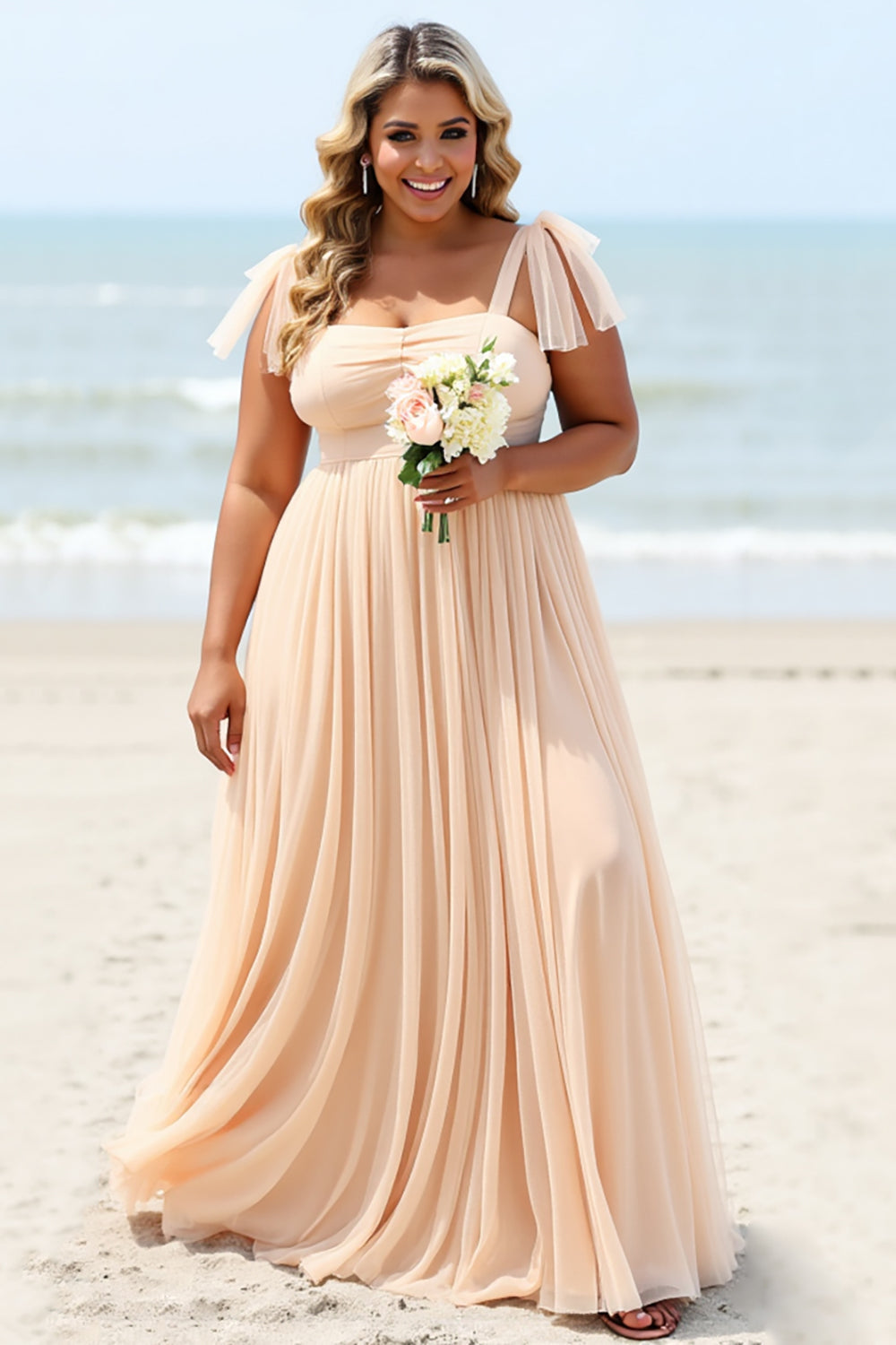 Apricot A Line Chiffon Long Pleated Bridesmaid Dress with Slit