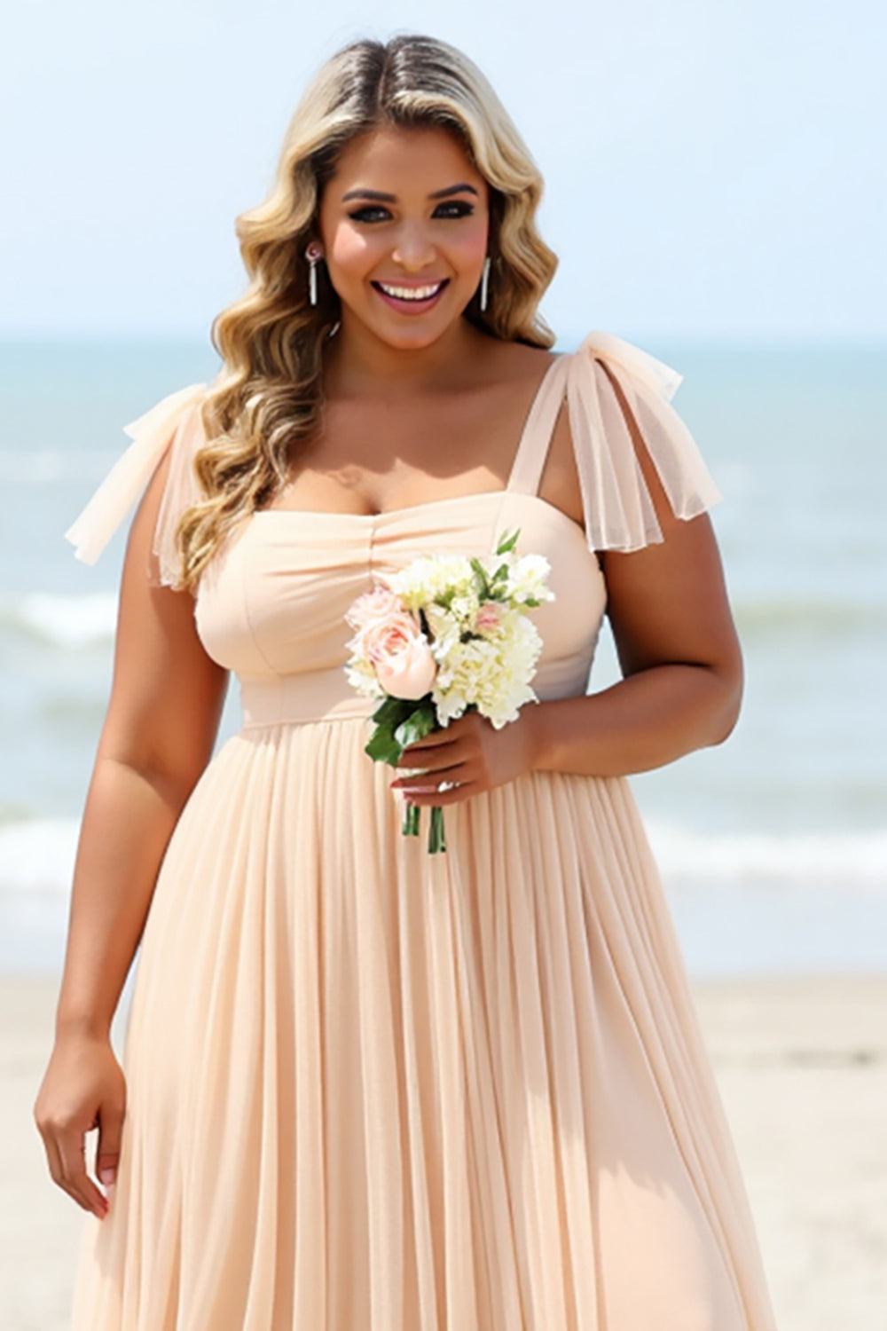 Apricot A Line Chiffon Long Pleated Bridesmaid Dress with Slit