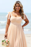 Apricot A Line Chiffon Long Pleated Bridesmaid Dress with Slit