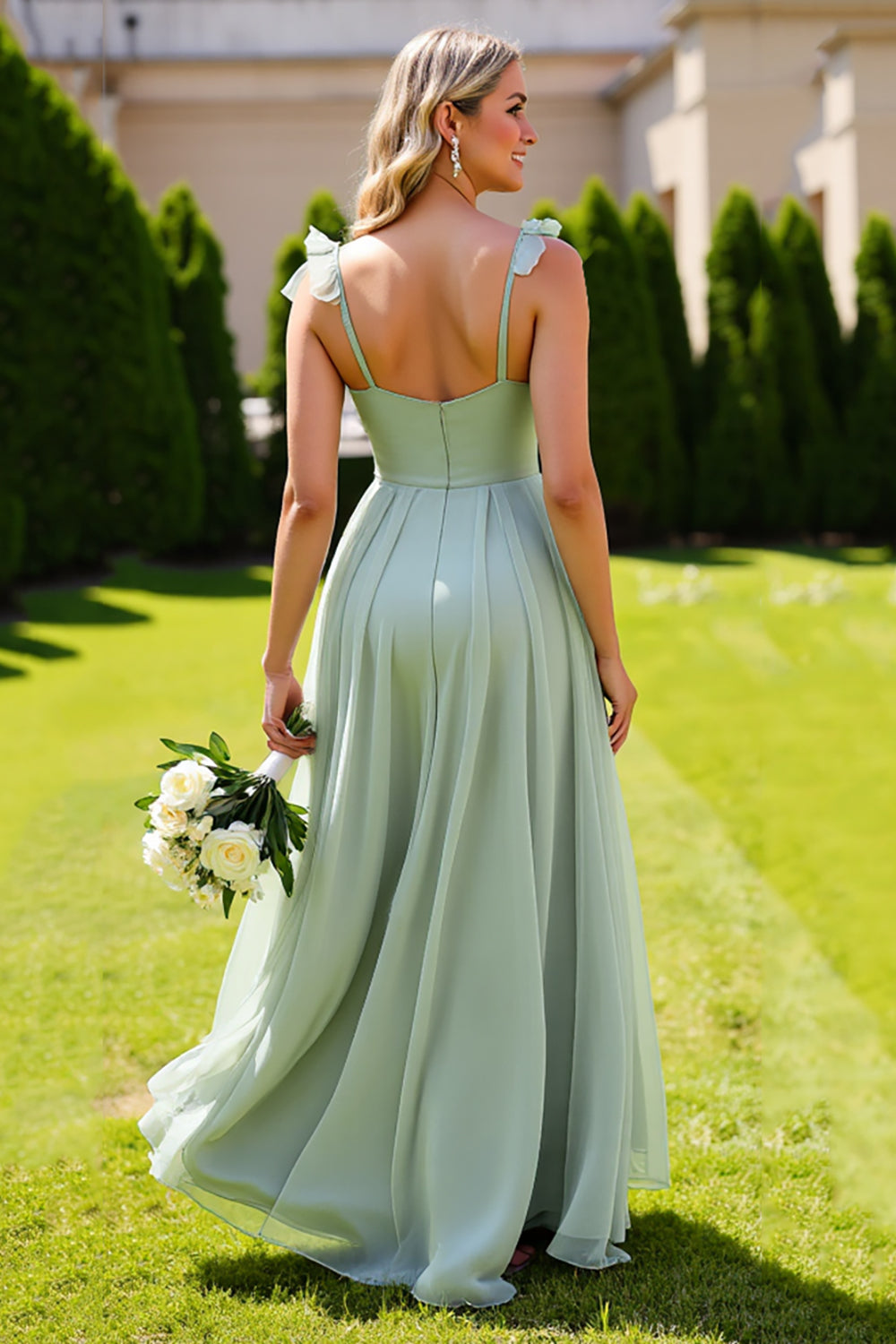 Sage Green Chiffon A Line Spaghetti Straps Long Bridesmaid Dress
