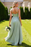 Sage Green Chiffon A Line Spaghetti Straps Long Bridesmaid Dress