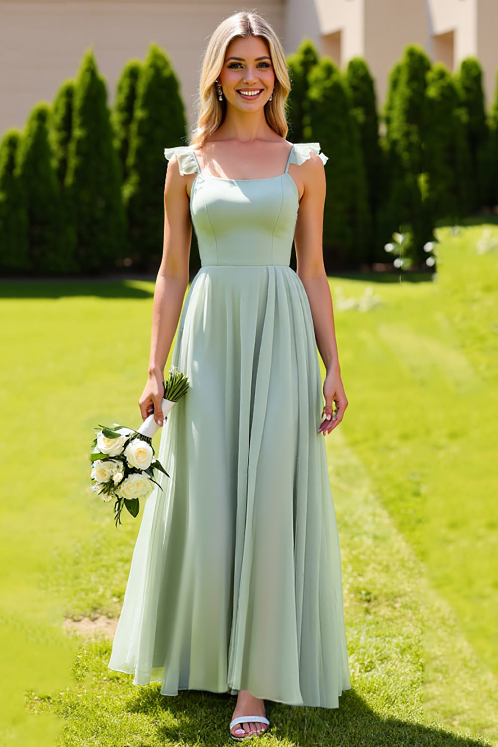 Sage Green Chiffon A Line Spaghetti Straps Long Bridesmaid Dress