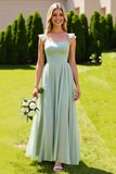 Sage Green Chiffon A Line Spaghetti Straps Long Bridesmaid Dress