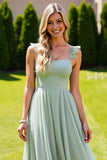 Sage Green Chiffon A Line Spaghetti Straps Long Bridesmaid Dress