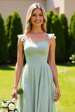 Sage Green Chiffon A Line Spaghetti Straps Long Bridesmaid Dress