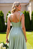 Sage Green Chiffon A Line Spaghetti Straps Long Bridesmaid Dress