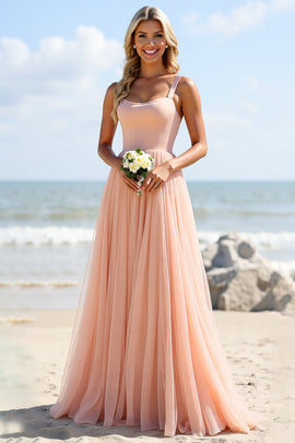 Blush Tulle A Line Square Neck Long Bridesmaid Dress