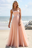 Blush Tulle A Line Square Neck Long Bridesmaid Dress