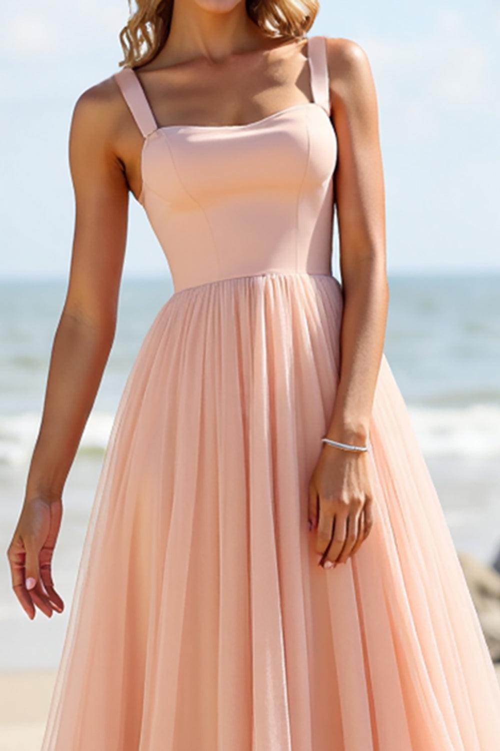 Blush Tulle A Line Square Neck Long Bridesmaid Dress