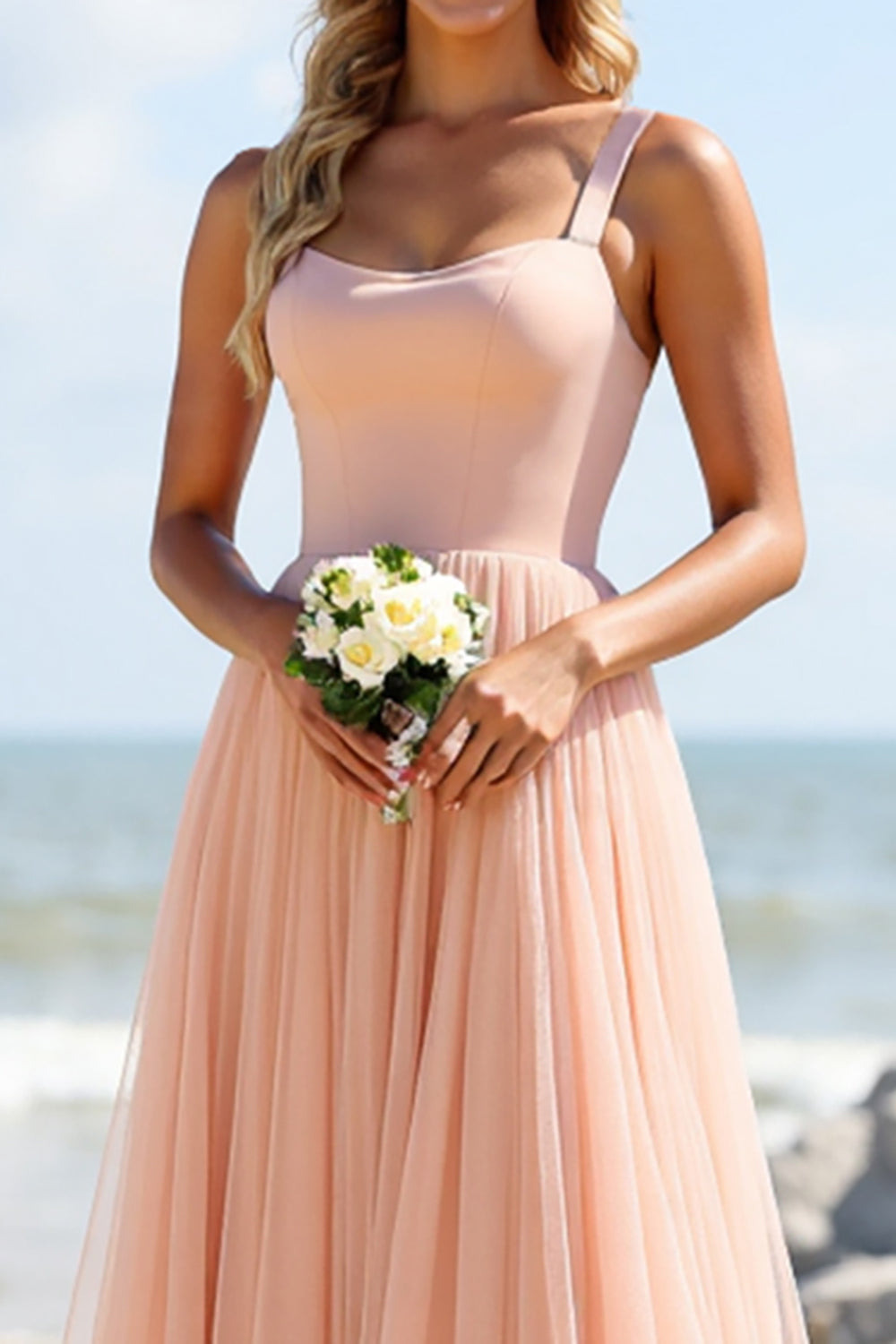 Blush Tulle A Line Square Neck Long Bridesmaid Dress