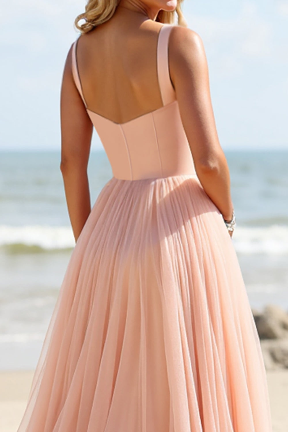 Blush Tulle A Line Square Neck Long Bridesmaid Dress