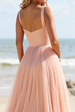 Blush Tulle A Line Square Neck Long Bridesmaid Dress