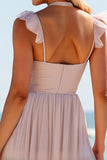 Candy Pink A Line Keyhole Long Halter Bridesmaid Dress