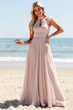 Candy Pink A Line Keyhole Long Halter Bridesmaid Dress