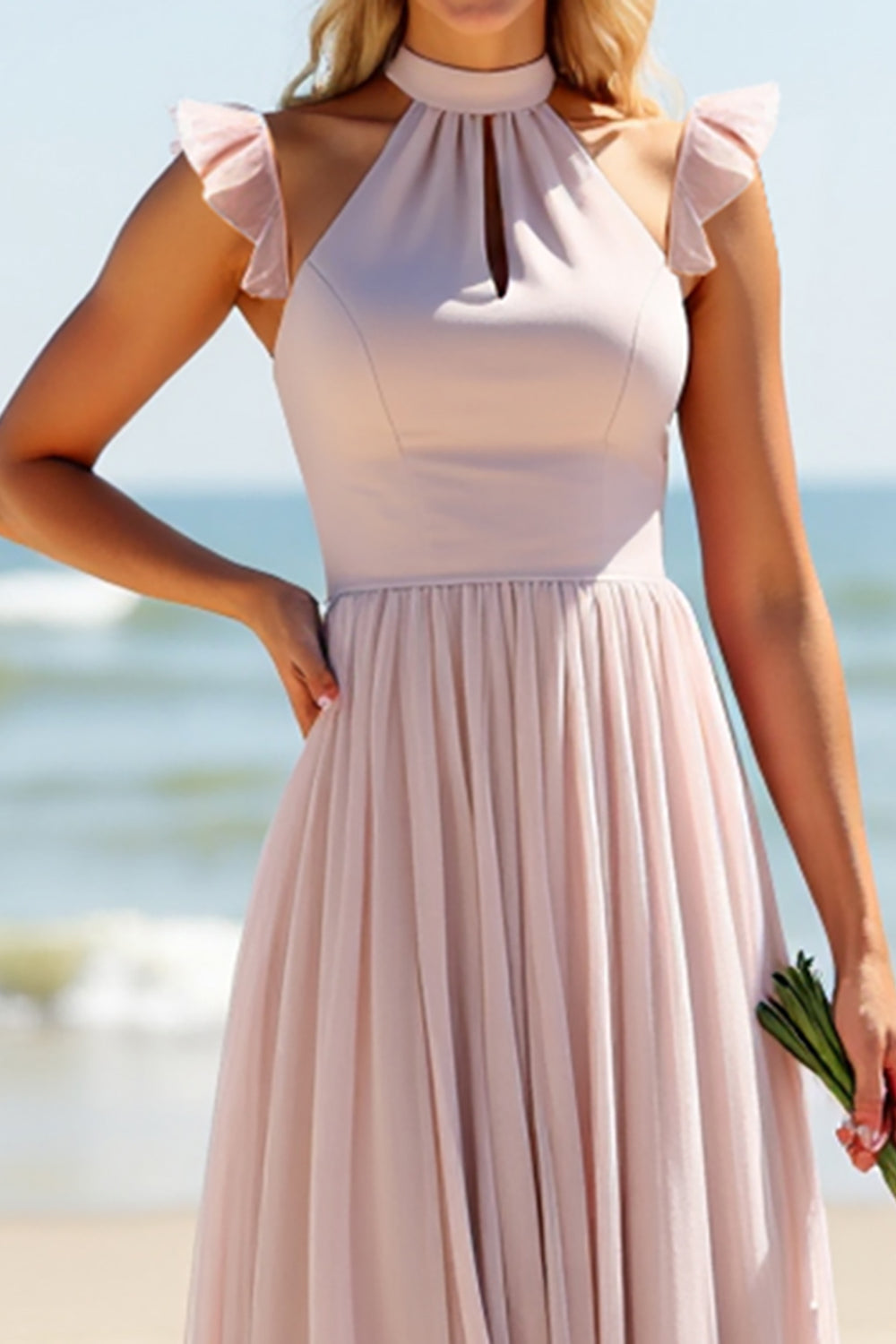 Candy Pink A Line Keyhole Long Halter Bridesmaid Dress